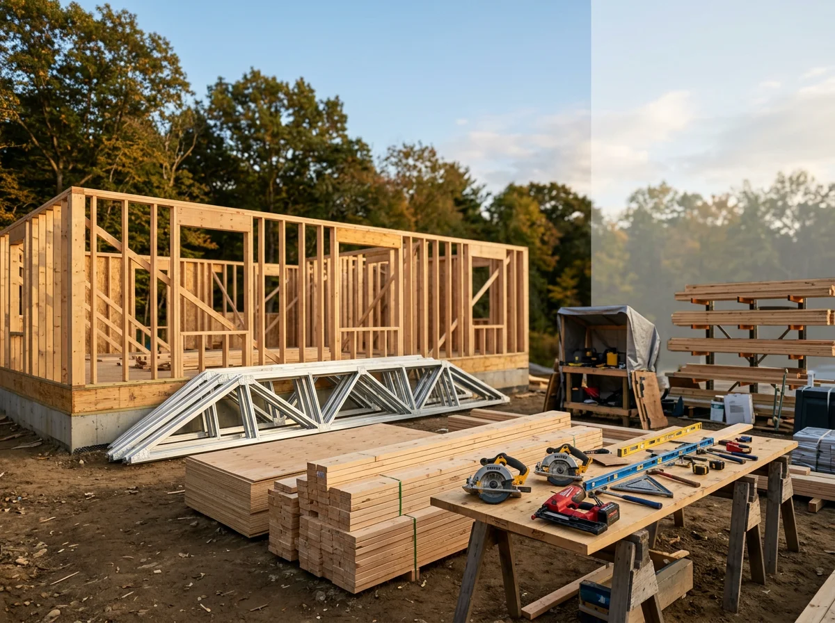 Framing crew and tools on a residential construction site, showing structural walls and roof trusses in progress.