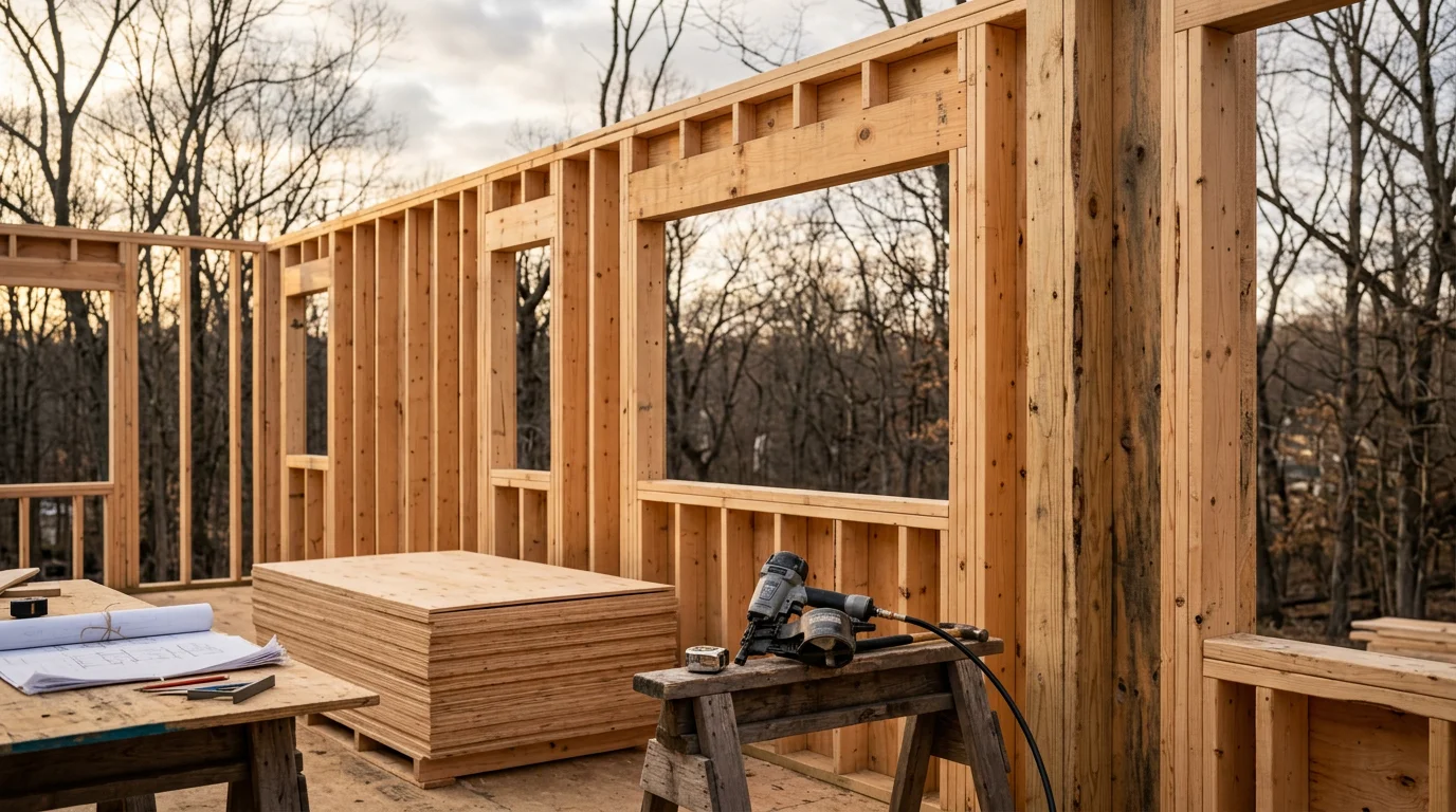 Framing crew installing wooden wall studs and roof trusses on a residential construction site.
