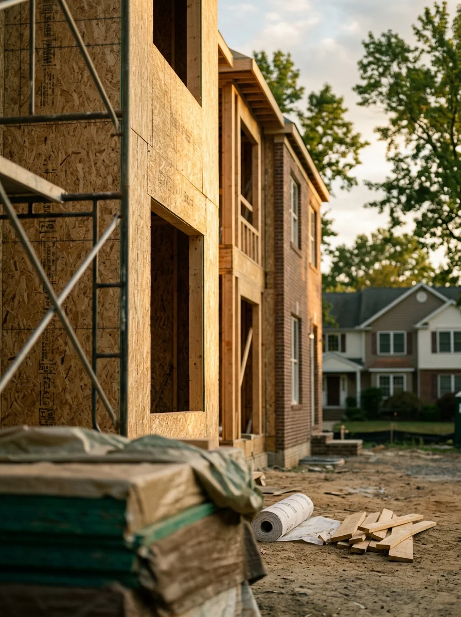 Framing crew installing windows in rough openings on a new construction townhouse in Bergen County, New Jersey, with exterior sheathing partially applied.
