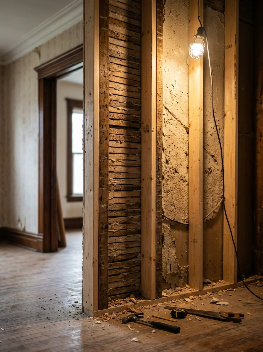 Interior framing of wood-stud wall in older Clifton home undergoing renovation, with original plaster and lath visible
