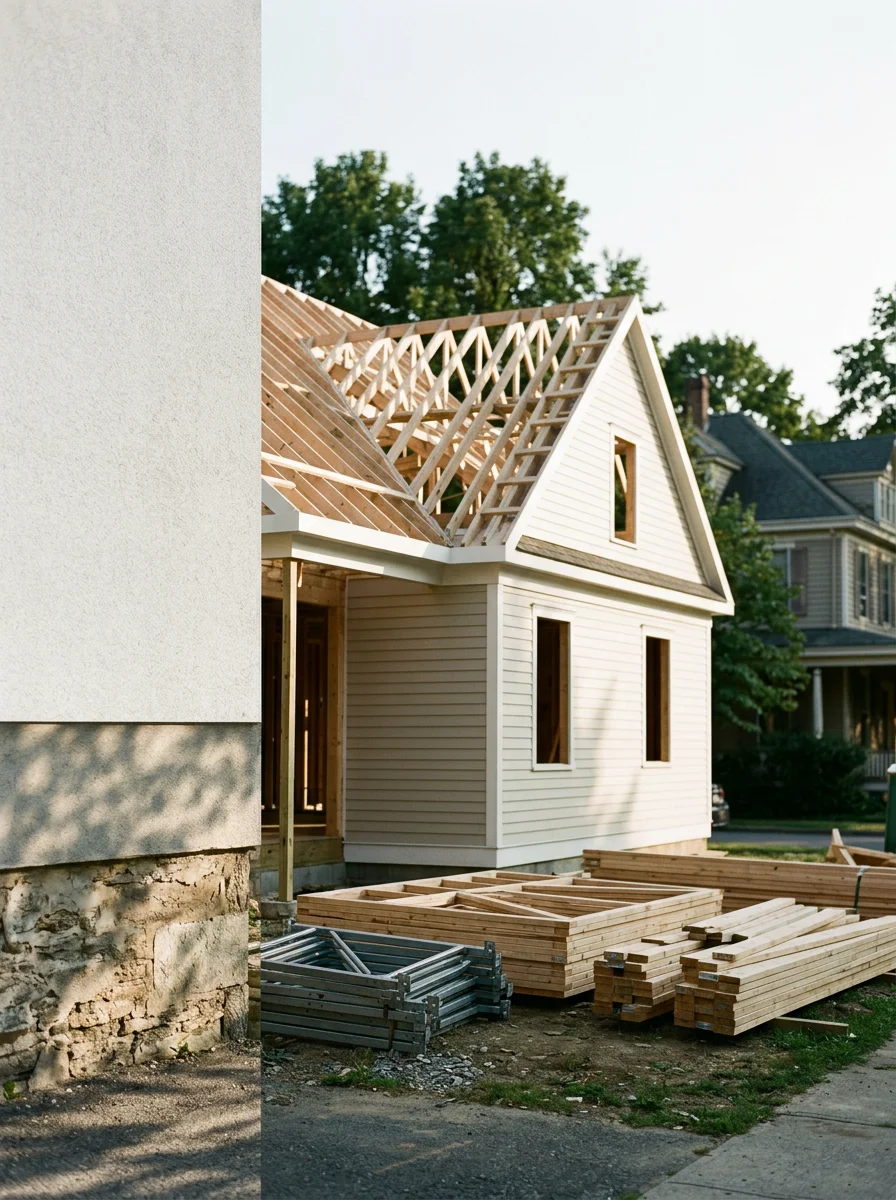 Roof truss installation in progress on a new colonial-style home in the Middletown, New York area, with framing crew setting trusses on top of completed exterior walls.