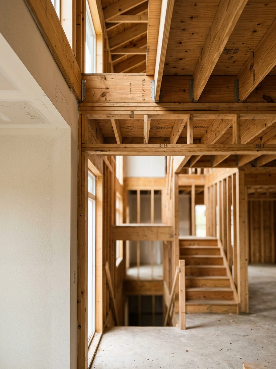 Interior view of custom ceiling framing inside a new construction home in Monsey, New York, with exposed wood framing members and stair opening visible.