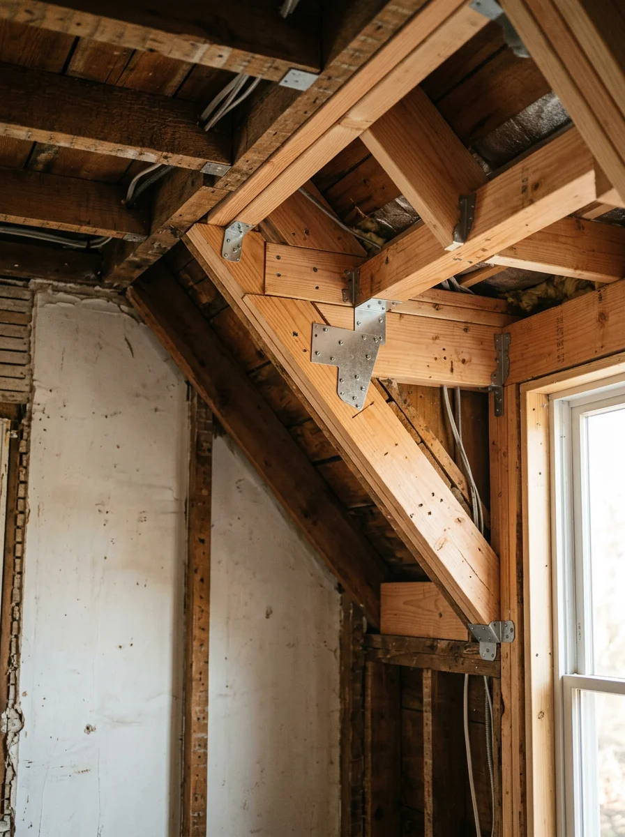Interior custom ceiling framing in progress inside a renovated home in Nyack, New York, with new framing members installed above an older wood-frame structure.