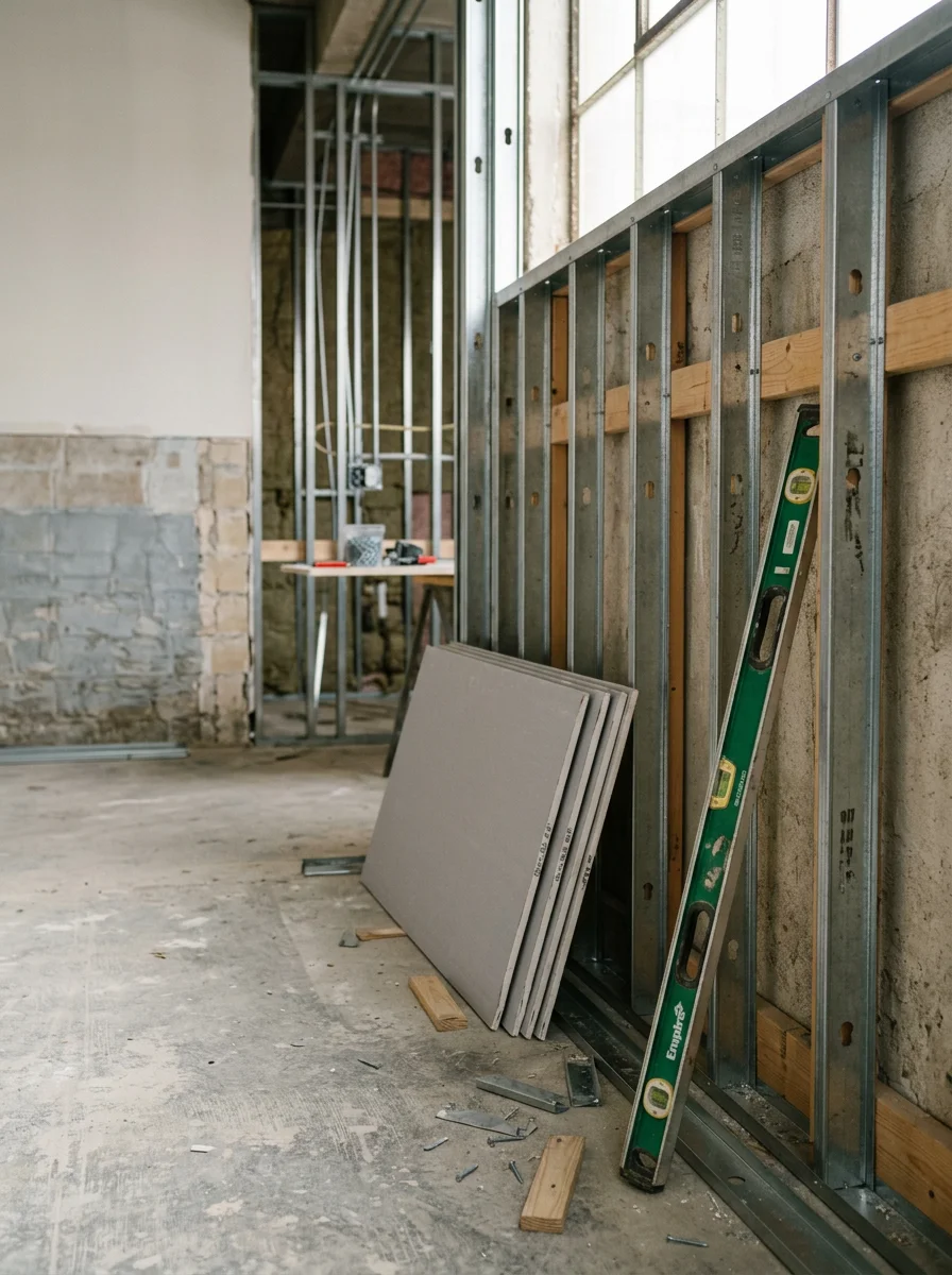 Interior framing work showing wood and metal stud installation in a Passaic commercial renovation