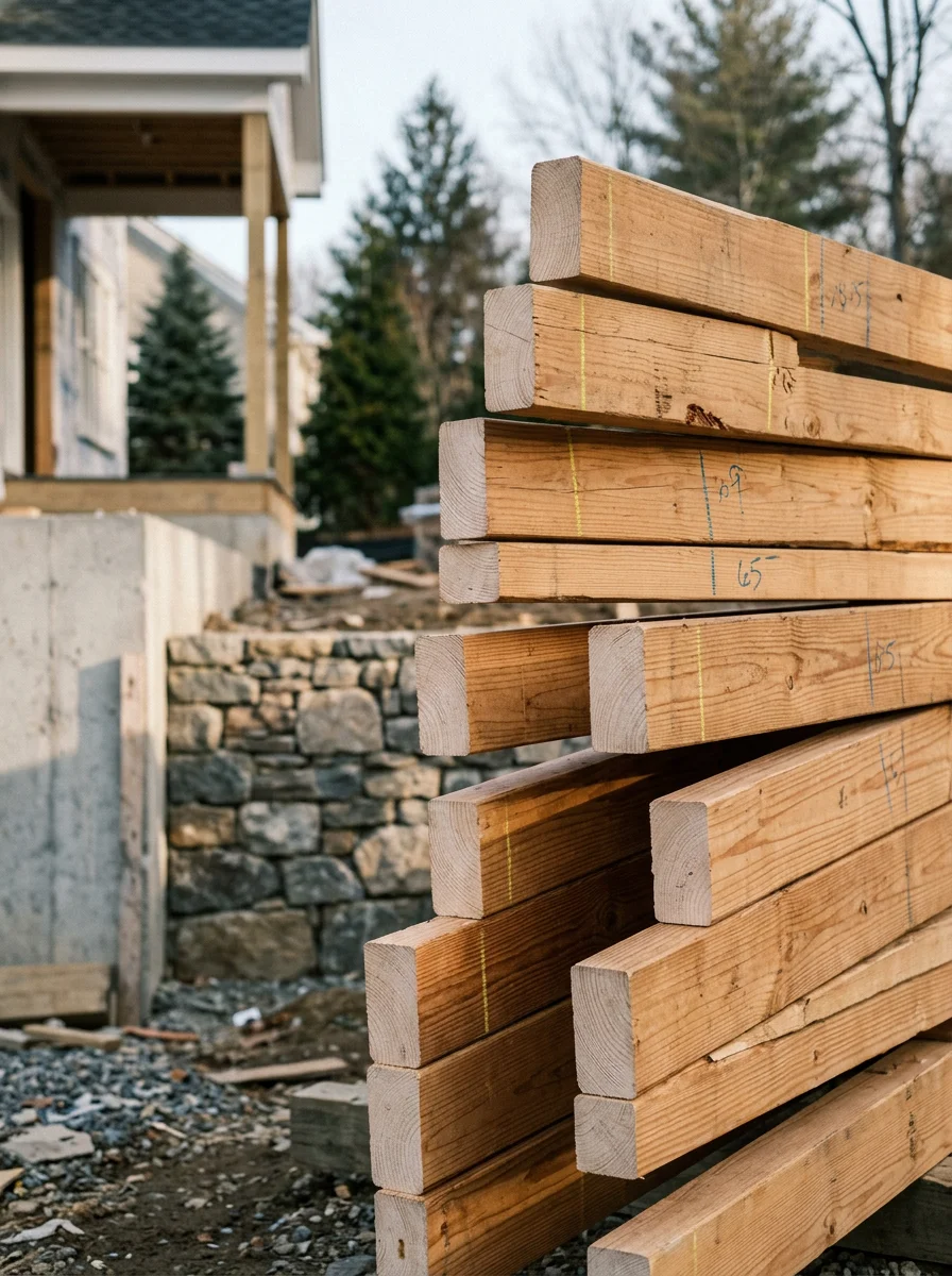 Close-up of a framing crew installing roof trusses on a multi-family townhouse project in Rockland County, New York.