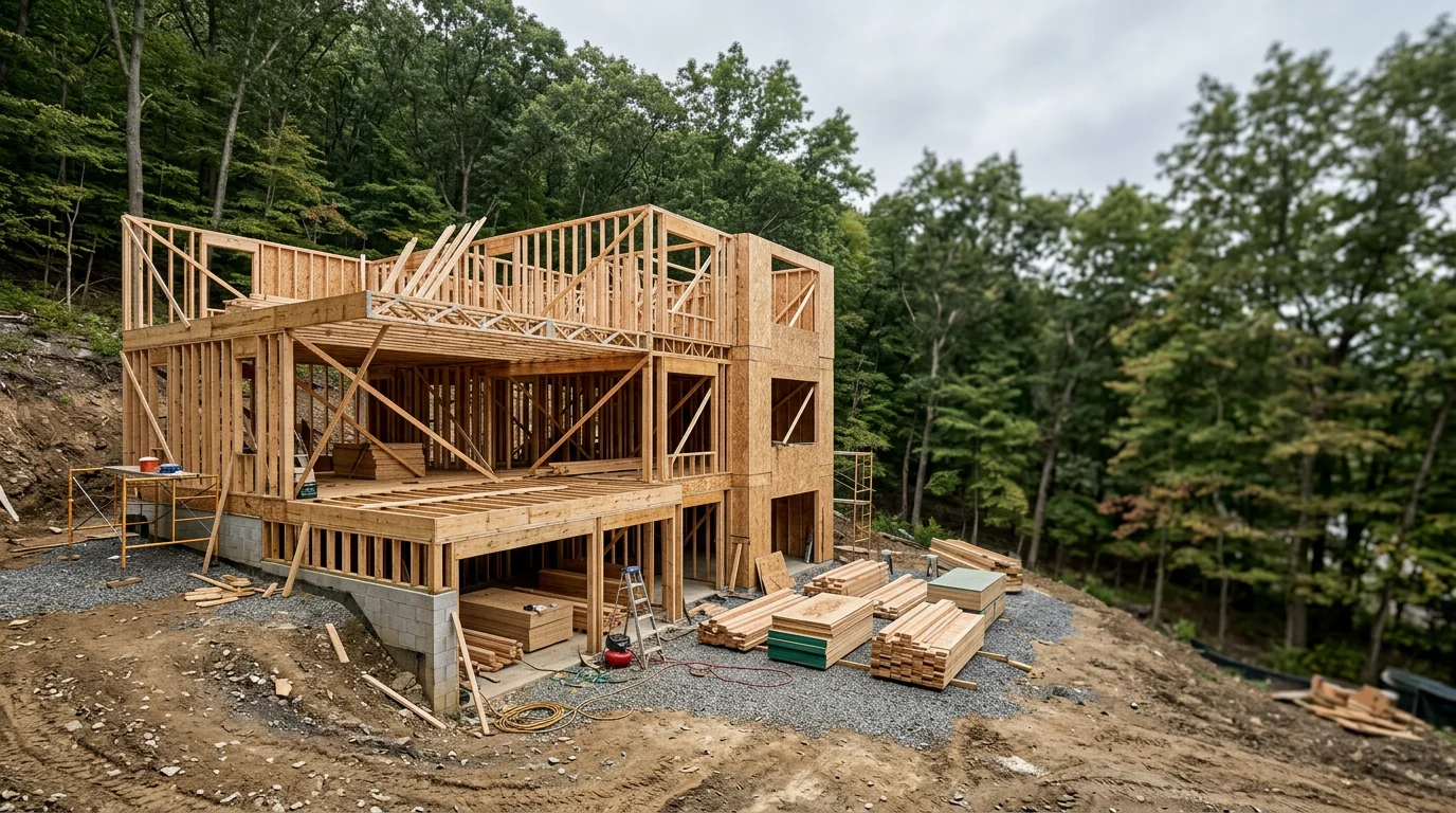 Wood wall framing in progress on a new residential build in Rockland County, NY, with floor joists and exterior stud walls visible against a wooded hillside lot.