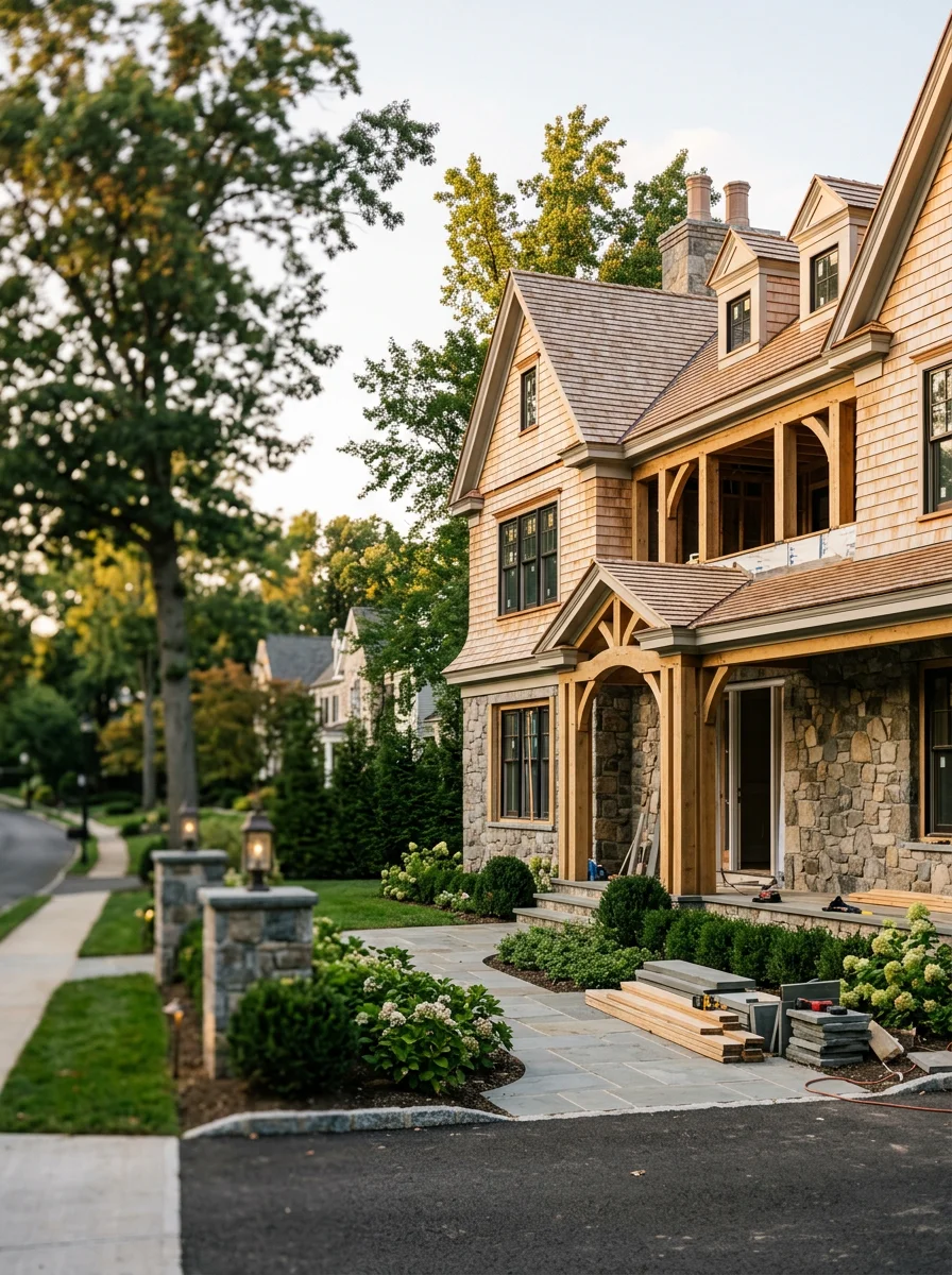 Custom home framing on two-acre Saddle River property with stone foundation and architectural detailing