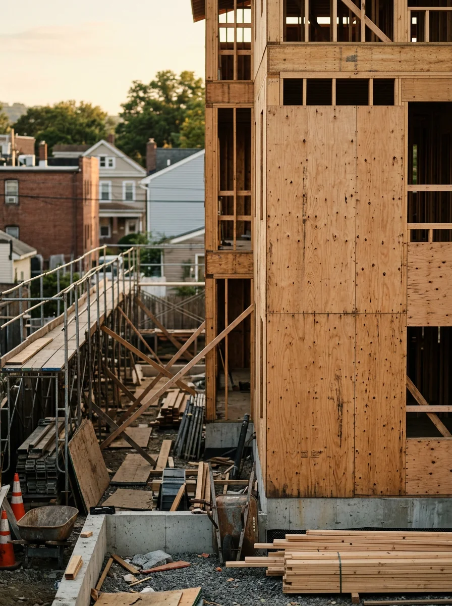 Exterior plywood sheathing being installed on a new multi-family building in Spring Valley, New York, with framing crew visible on scaffolding.