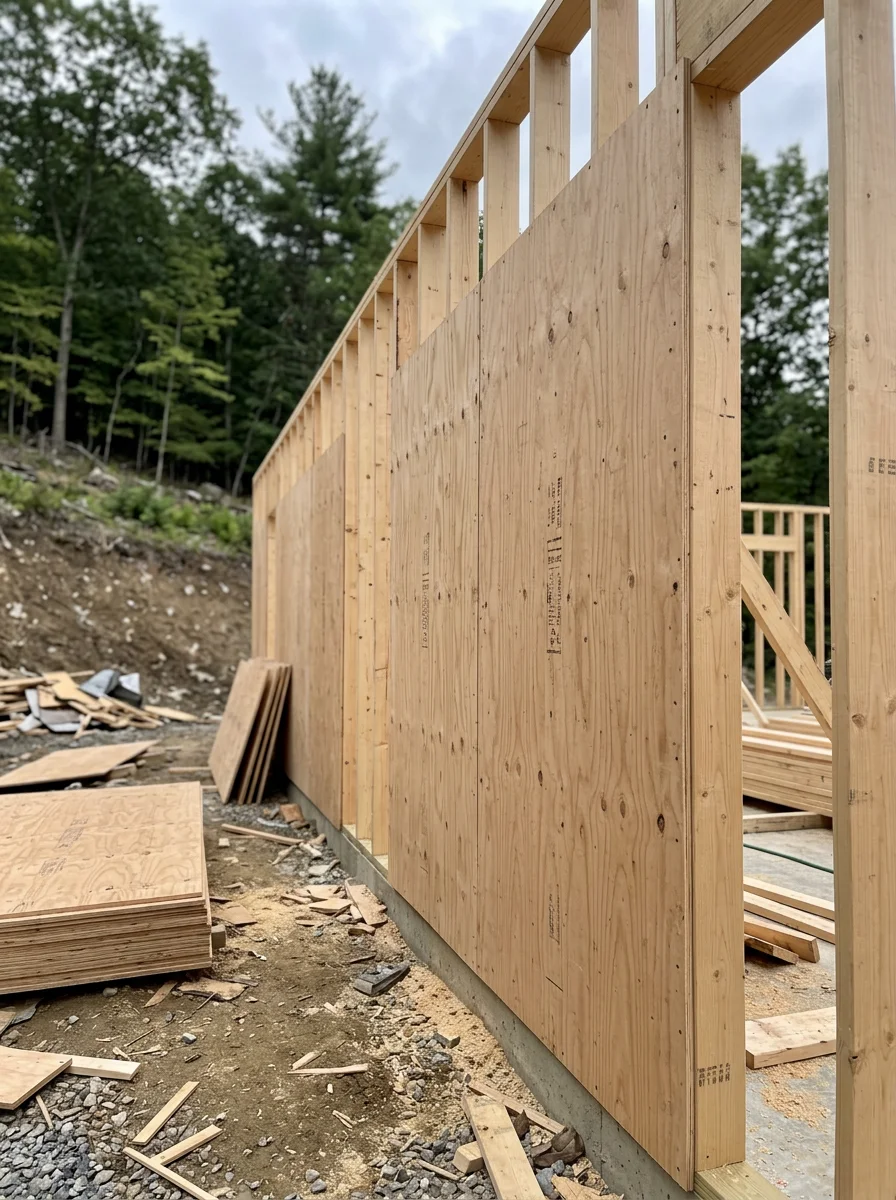 Plywood sheathing installation on the exterior walls of a new home under construction in Stony Point, New York, with elevated terrain and tree line visible in the background.