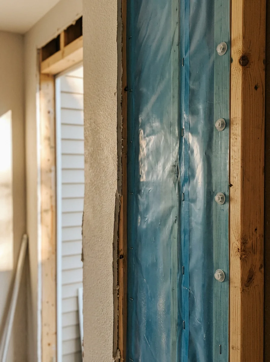 Interior framing detail showing proper moisture barriers and thermal expansion fastening for Bergen County climate conditions