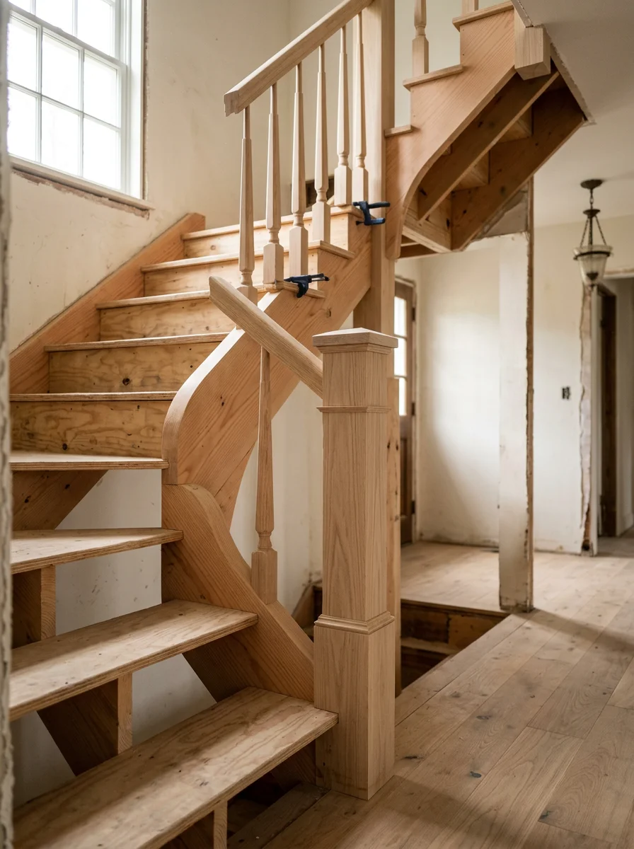 Interior framing of a custom staircase in a Tenafly Colonial home with traditional wood details