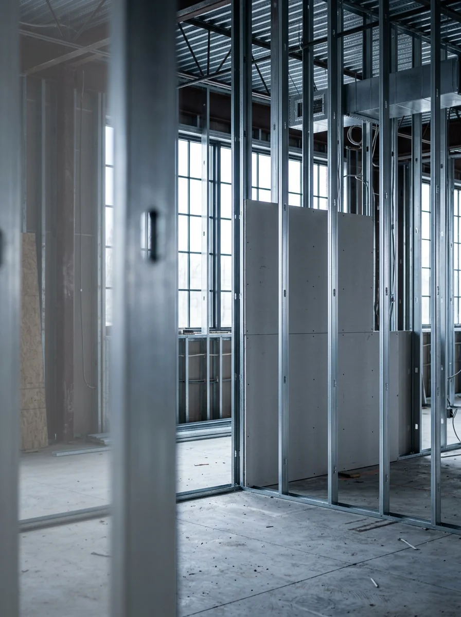 Metal stud framing inside a commercial mixed-use building in Westchester County, New York, showing interior partition layout under construction.