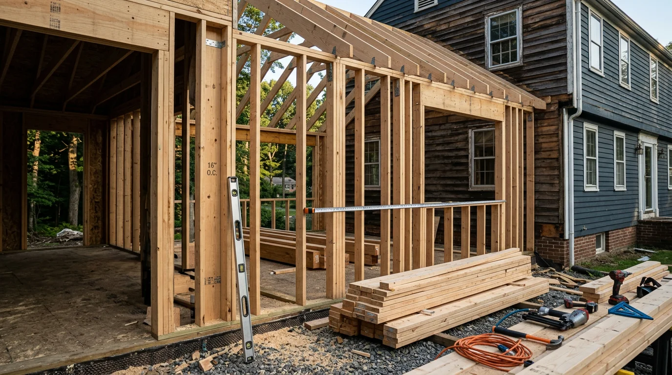 Wood framing skeleton of a home addition under construction on a residential property in Rockland County, NY. New exterior wall studs and floor joists connect to the existing house structure with open sky visible above the unfinished roof line.