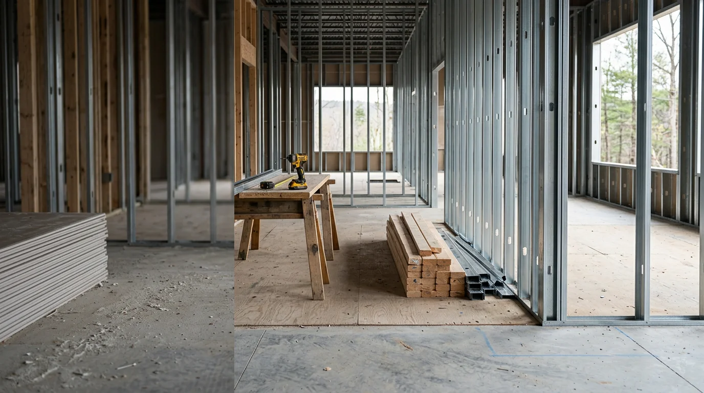 Commercial steel and wood framing in progress on a multi-unit building in Rockland County, NY. Exposed wall and floor framing shows structural layout at rough-frame stage.