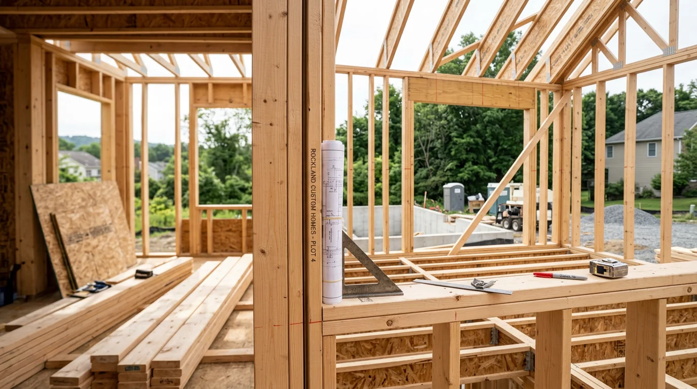 Custom home framing in progress in Rockland County, NY, showing exposed wall studs, floor joists, and roof truss structure on a new residential build. A family framing contractor reviews the layout on-site against the home's blueprints.