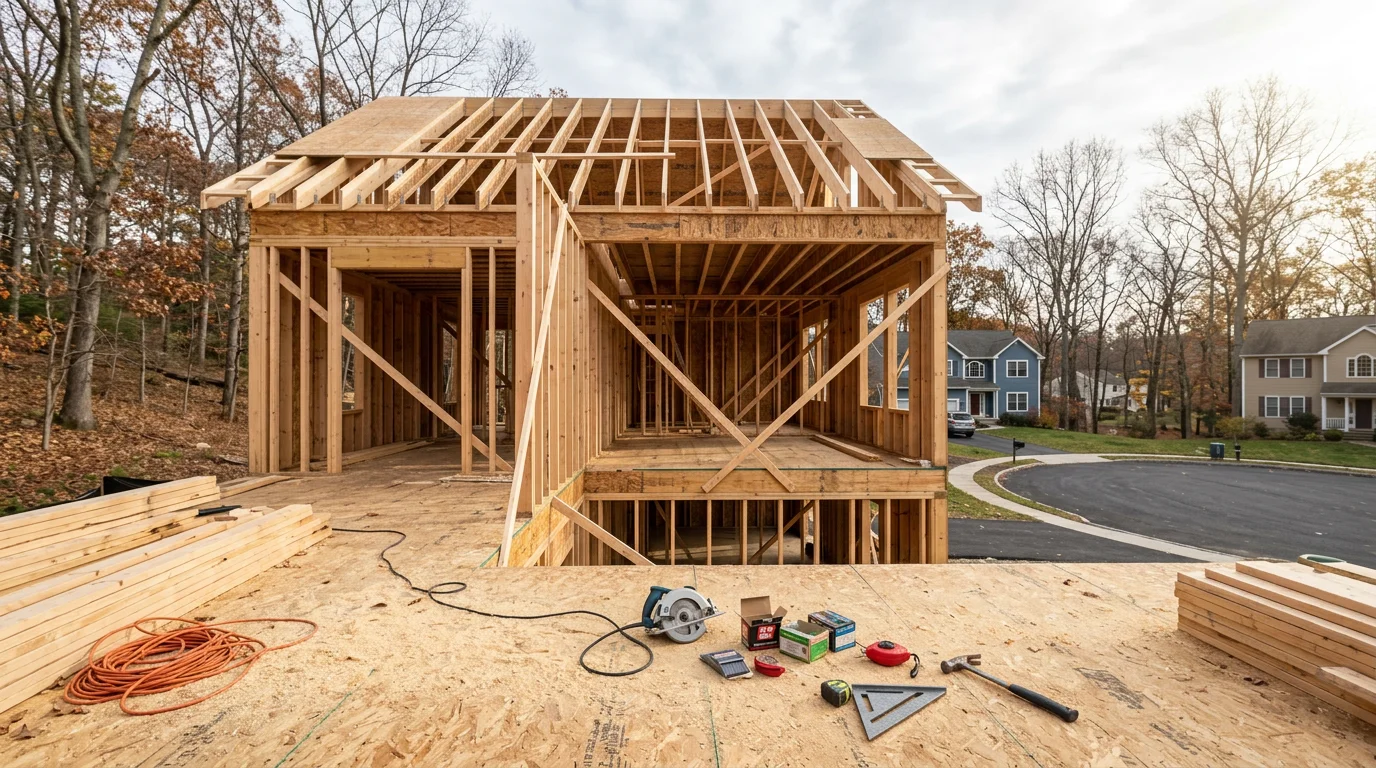 Residential wood framing in progress on a single-family home in Rockland County, NY, showing floor systems, exterior wall frames, and roof structure under construction.