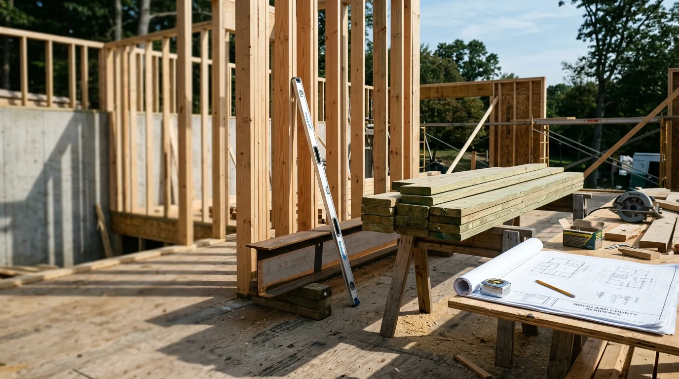 Structural wood framing in progress on a residential building in Rockland County, NY, showing exposed load-bearing wall studs, floor joists, and roof structure under a clear sky. A father-and-son framing crew works on site in a suburban Rockland County neighborhood.